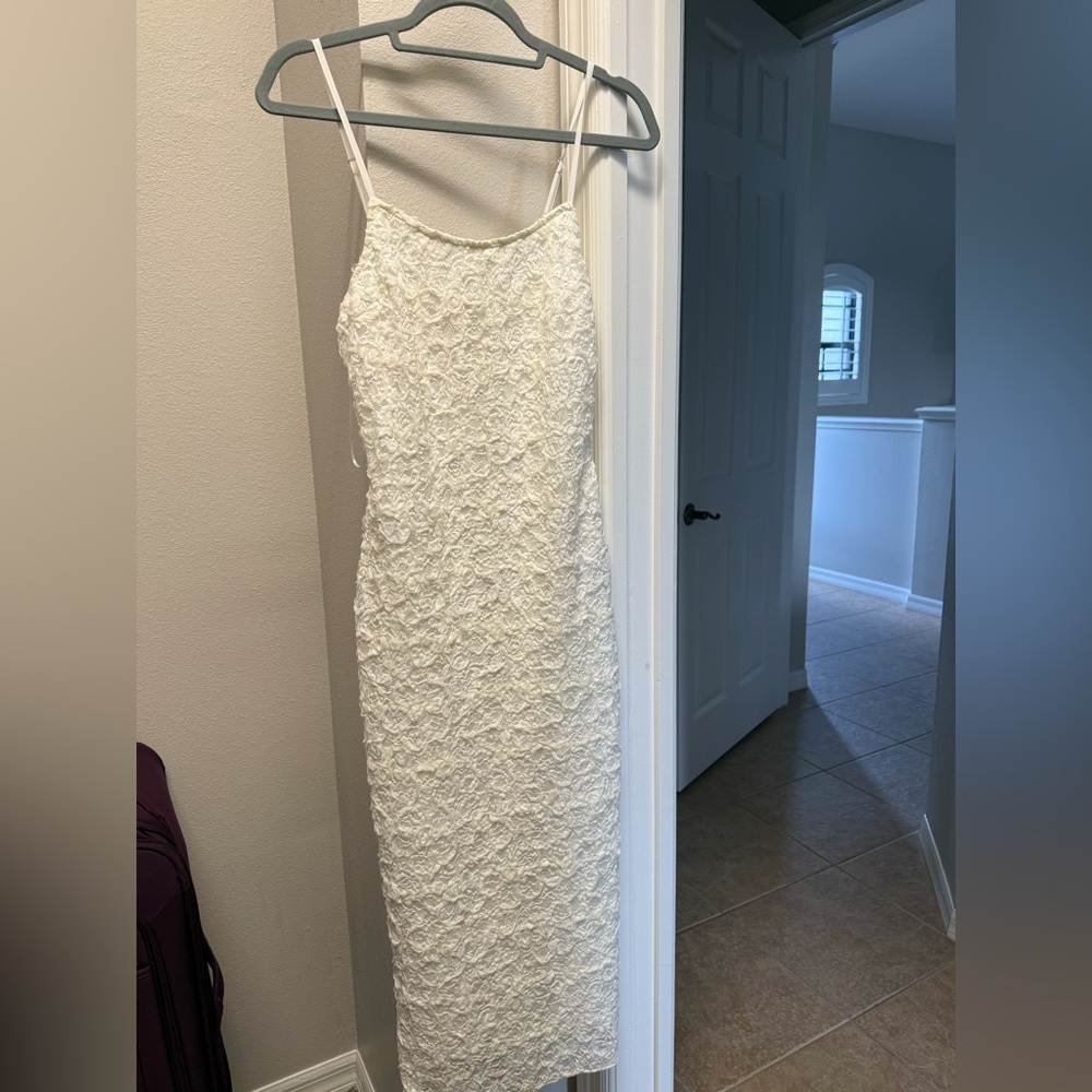 12th Tribe White Textured Sheath Midi Dress Spaghetti Strap